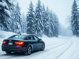 Black sedan driving on a snowy road