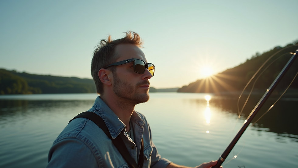Eye-level view of a man wearing polarized sunglasses while fishing on a lake