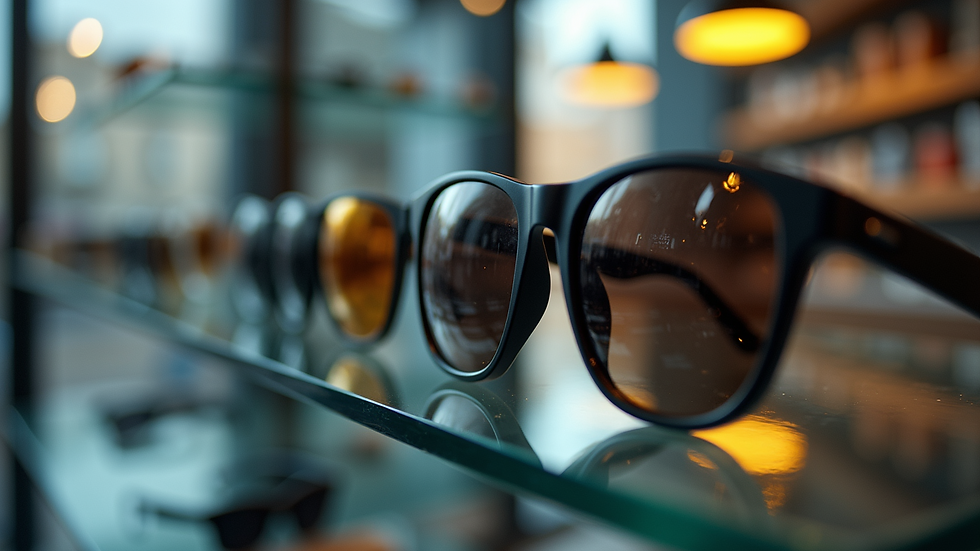 High angle view of various polarized sunglasses displayed on a store shelf