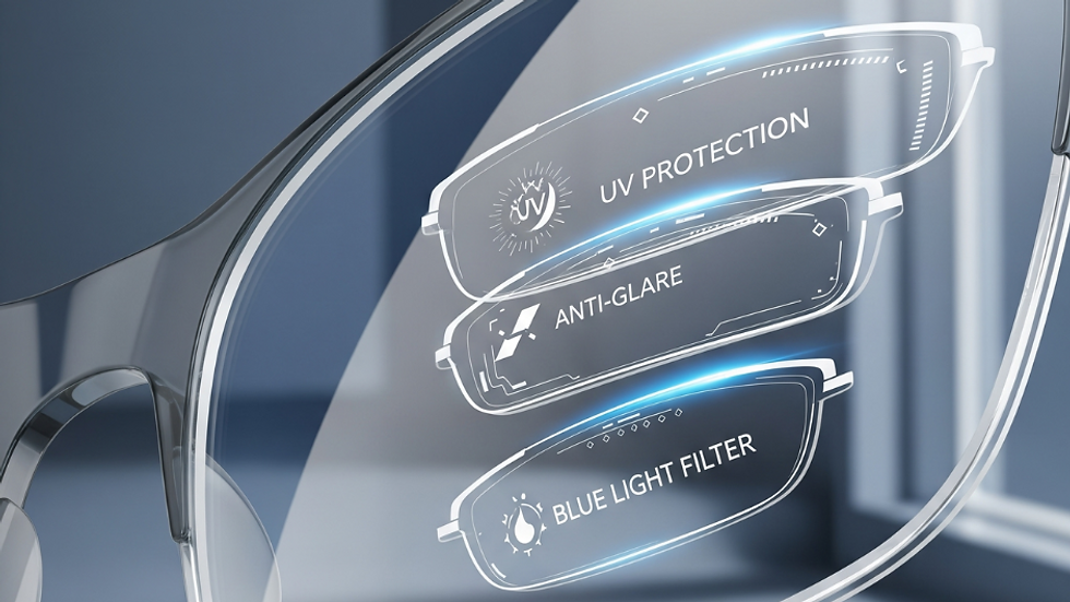 A close-up of Anny Vision lenses highlighting their protective features: UV protection, anti-glare, and blue light filtering.