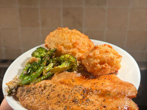 Pomegranate Glazed Tilapia Fish, Roasted Parmesan Asparagus and Broccoli, Red Lobster Copy Cat Cheddar Biscuits