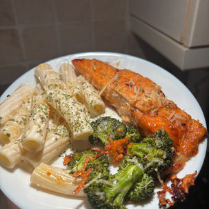 Honey Harissa Salmon, Creamy Elicodali Pasta, and Parmesan Oven-Roasted Broccoli
