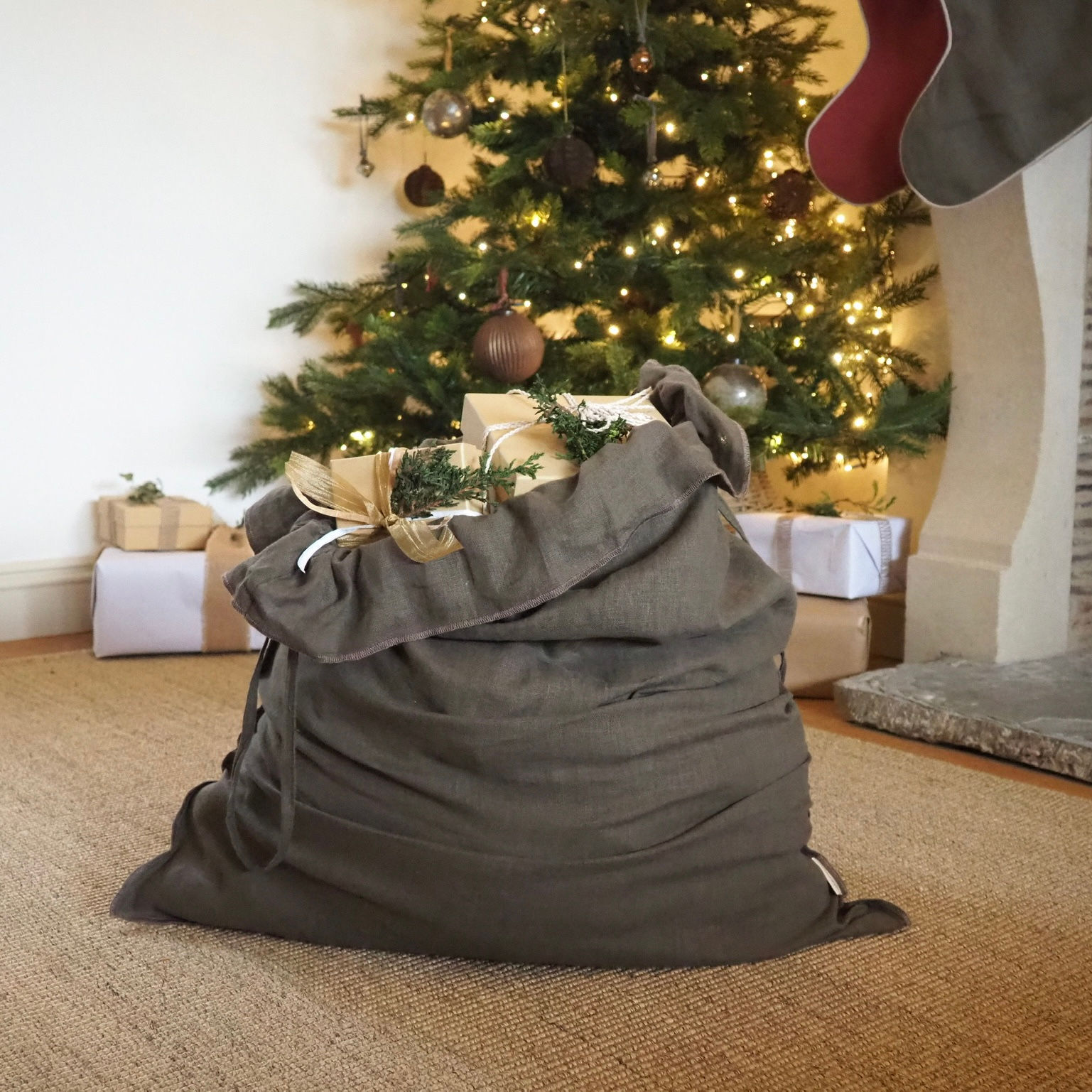 100% Linen Christmas Sack - Moss