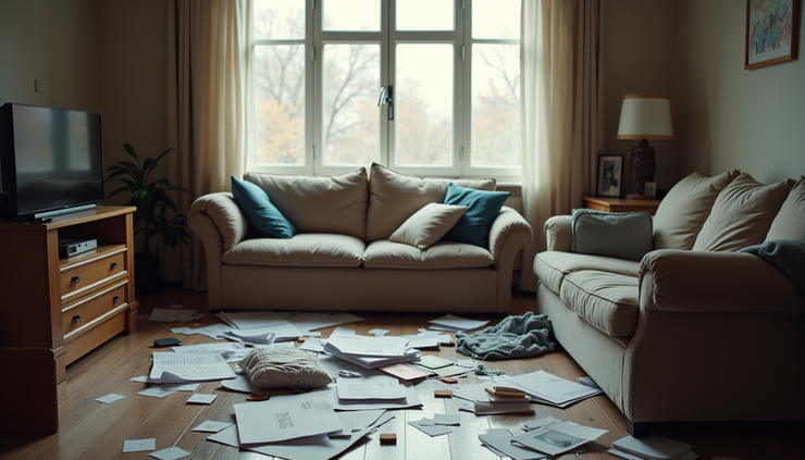 Eye-level view of a cluttered living room with scattered papers and clothes