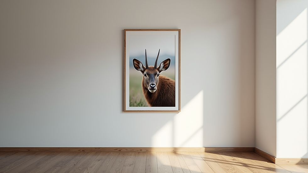 Close-up view of a framed wildlife photography print hanging on a gallery wall
