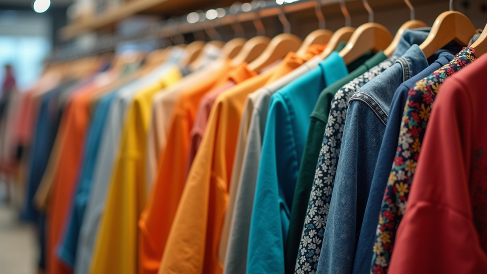 Eye-level view of a colorful clothing rack showcasing seasonal trends