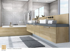 Banheiro de luxo com móveis planejados e detalhes em acabamento de alto padrão