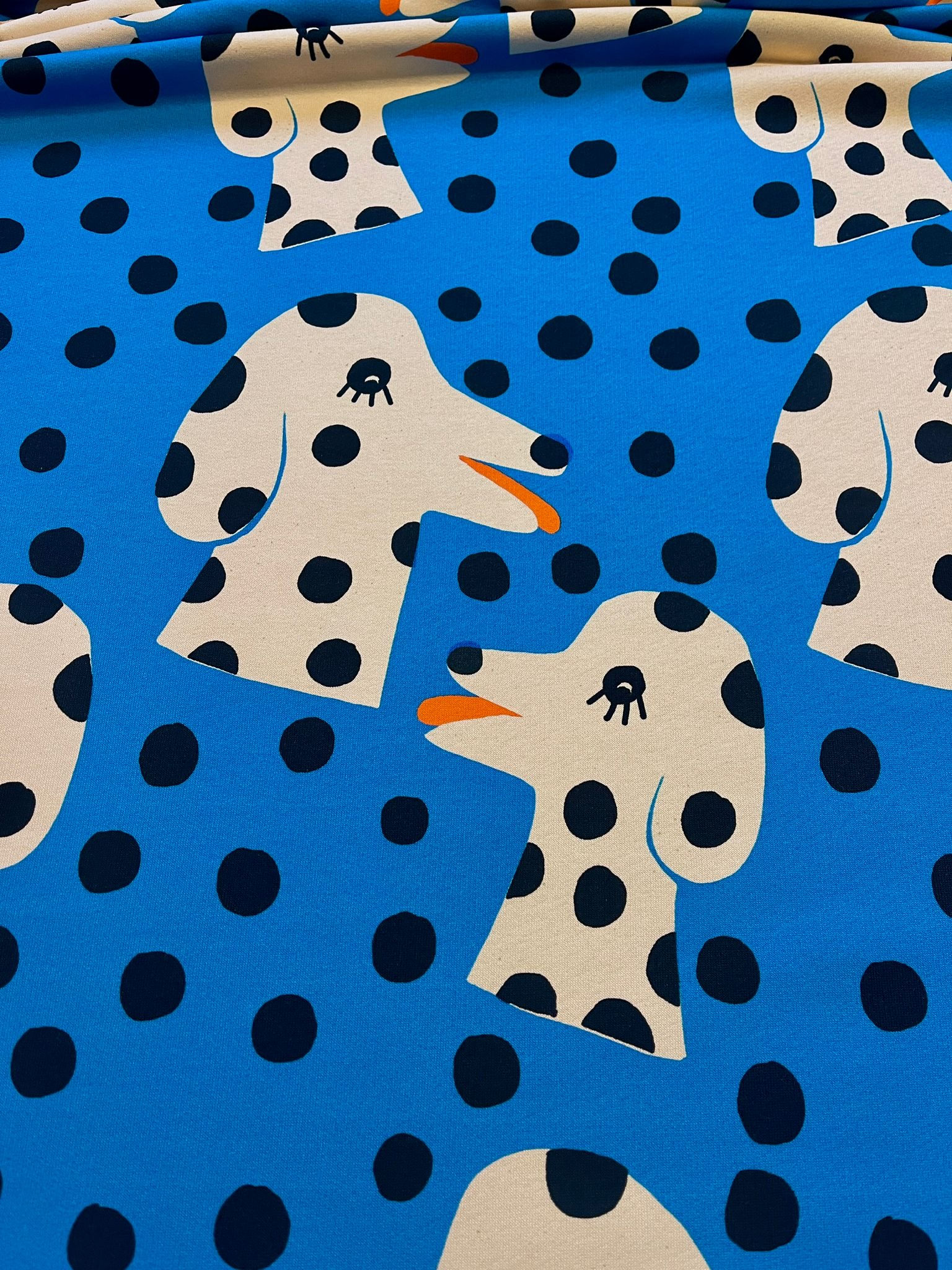 NEU! Meterware Sweatshirt extra breit "IGGY THE DOG " blau creme