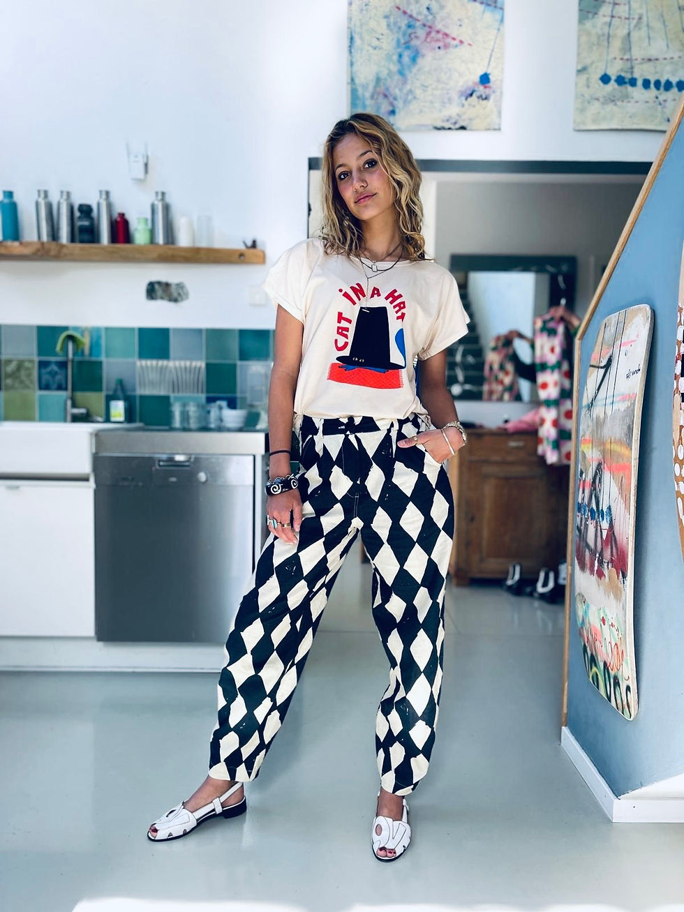 Miniaturbild: Stoffhose Betty "HARLEKIN"  schwarz creme