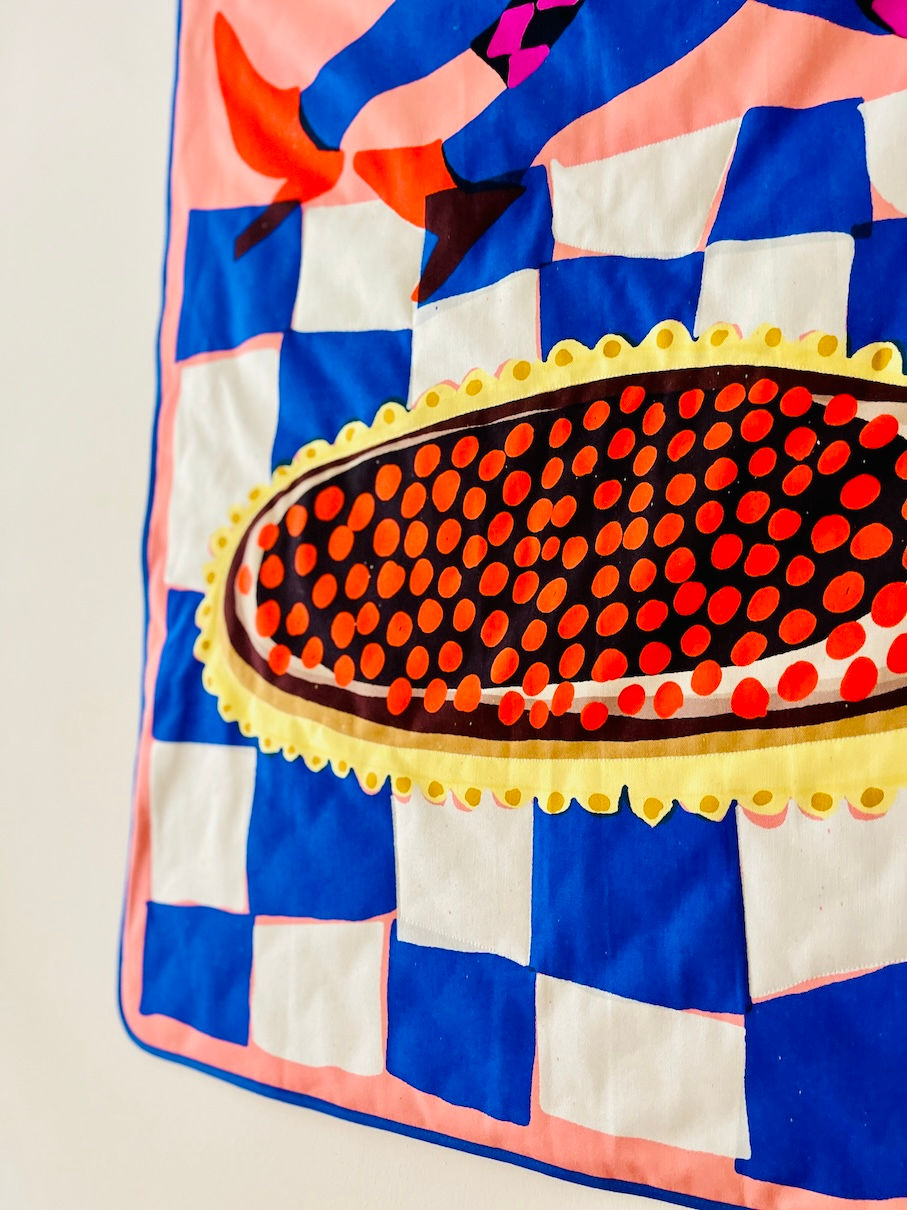 Miniaturbild: Art Print auf Canvasstoff abgesteppt "BLUEBERRY CAKE" blau rosa