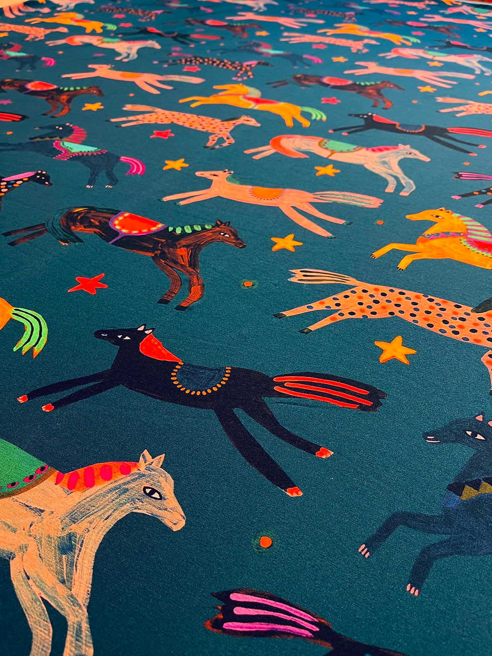 Miniaturbild: Meterware Jersey "CIRCUS HORSES" Petroleum