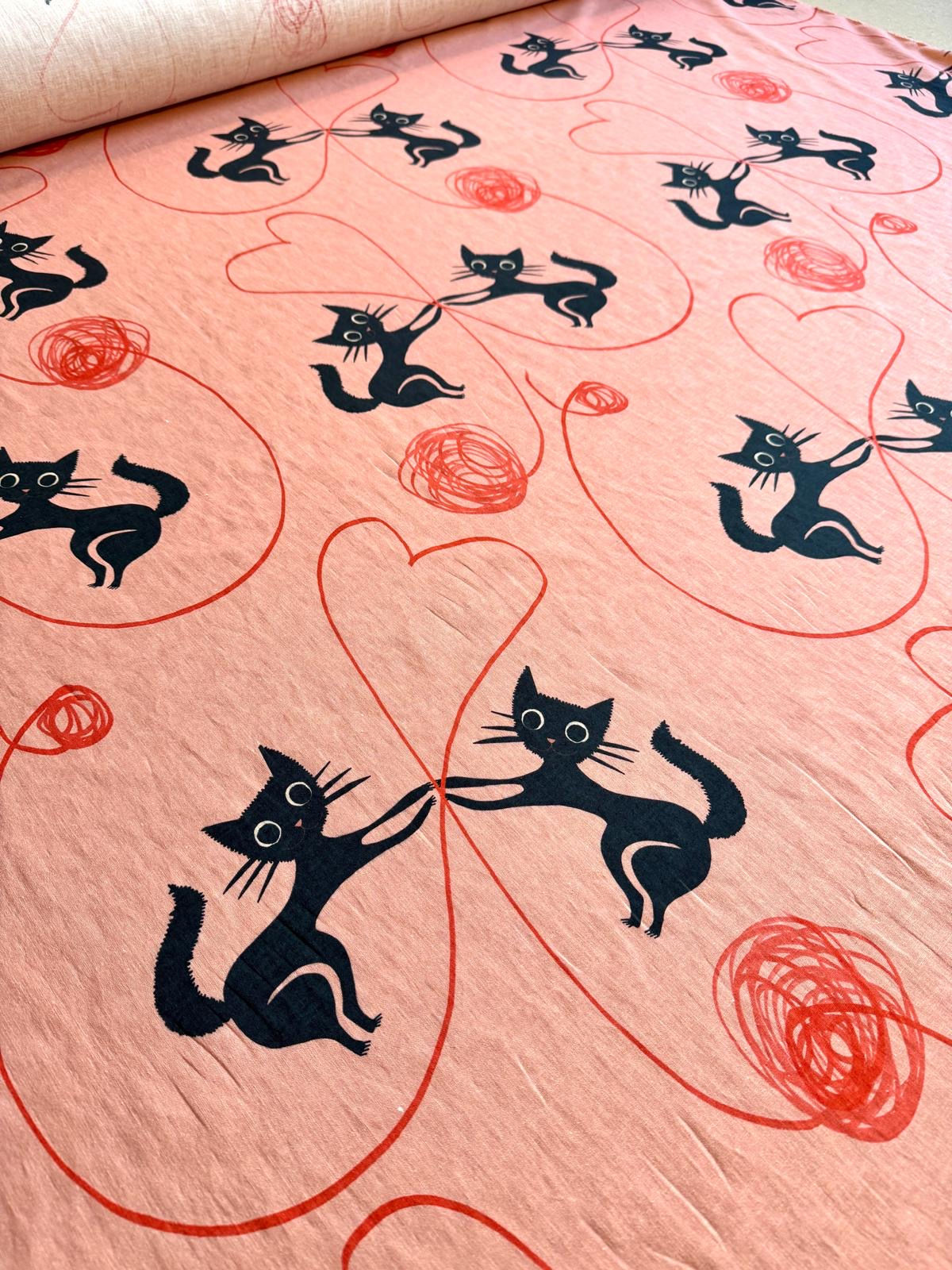 Meterware Leinen Baumwolle Webware "CATS IN LOVE" terracottarosa rot