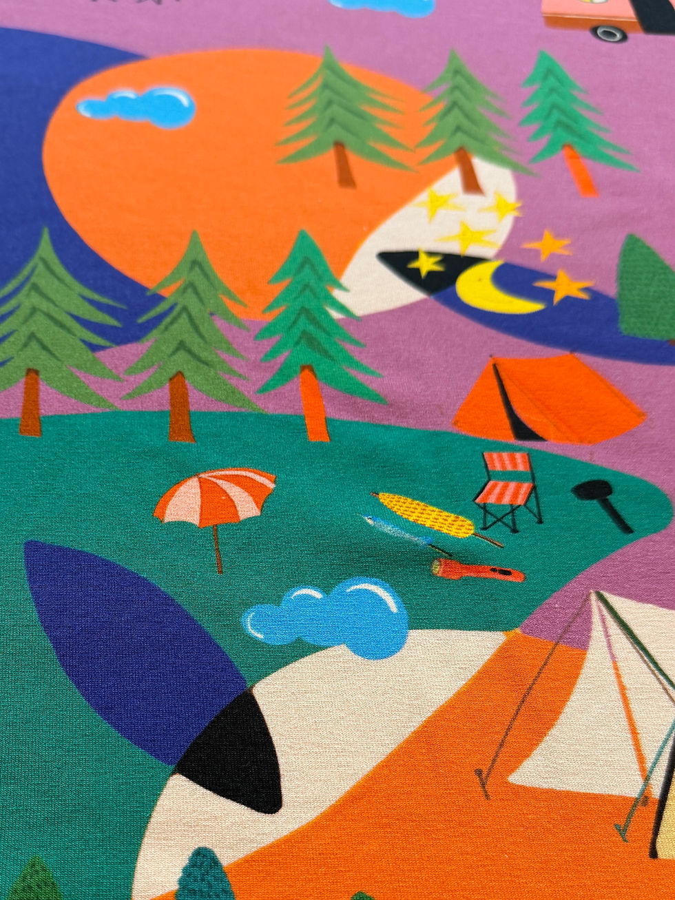 Miniaturbild: Meterware Jersey extra breit "LET'S GO CAMPING" violett