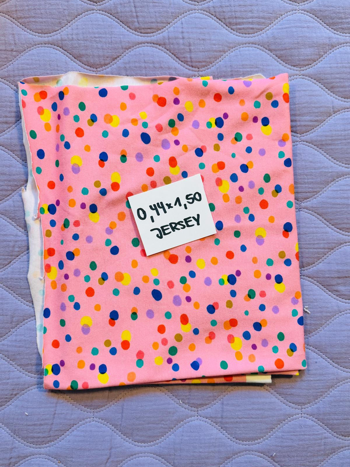 Stoffrest 0.44m x 1.50m Baumwolljersey KONFETTI rosa bunt