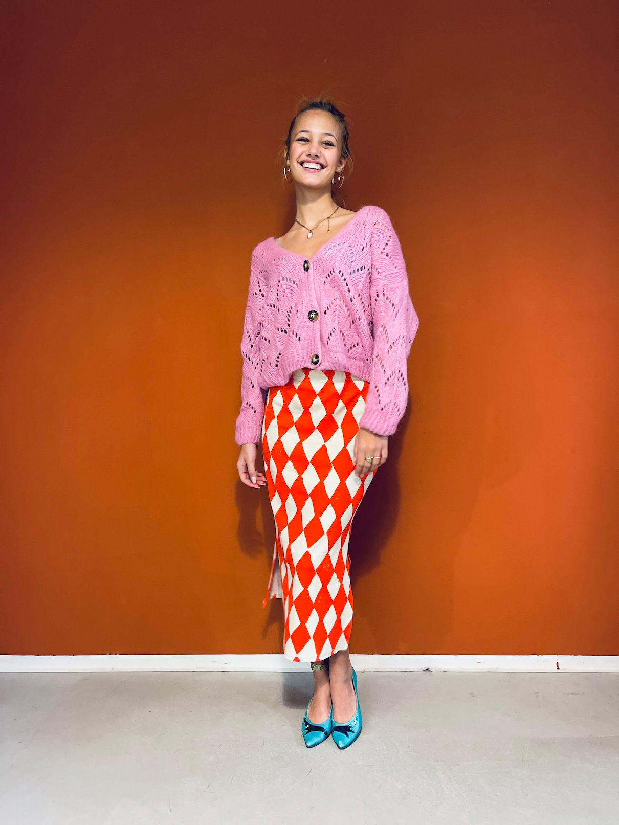 X-MAS Sale Gr 36 Maxi Rock mit Schlitz "HARLEKIN " rot creme