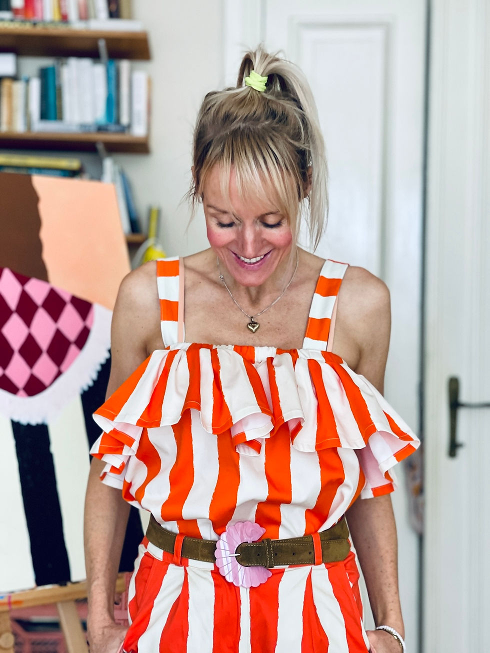 Miniaturbild: Lässige Stoffhose Betty "DISCO STRIPES"  rot creme mit Taschen