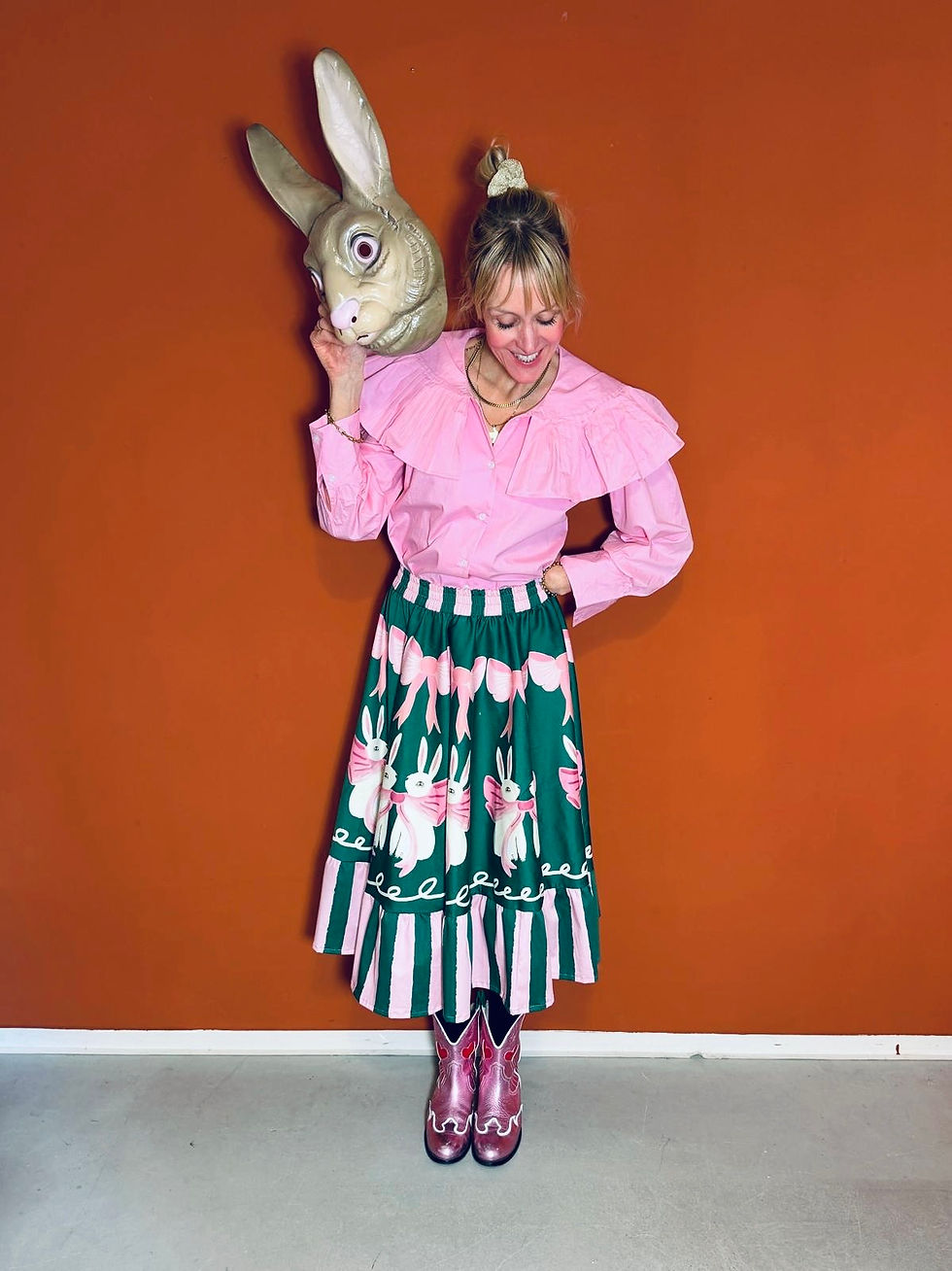 Miniaturbild: Limited Edition: Tellerrock mit Rüschen "BUNNIES  AND BOWS" rosa grün