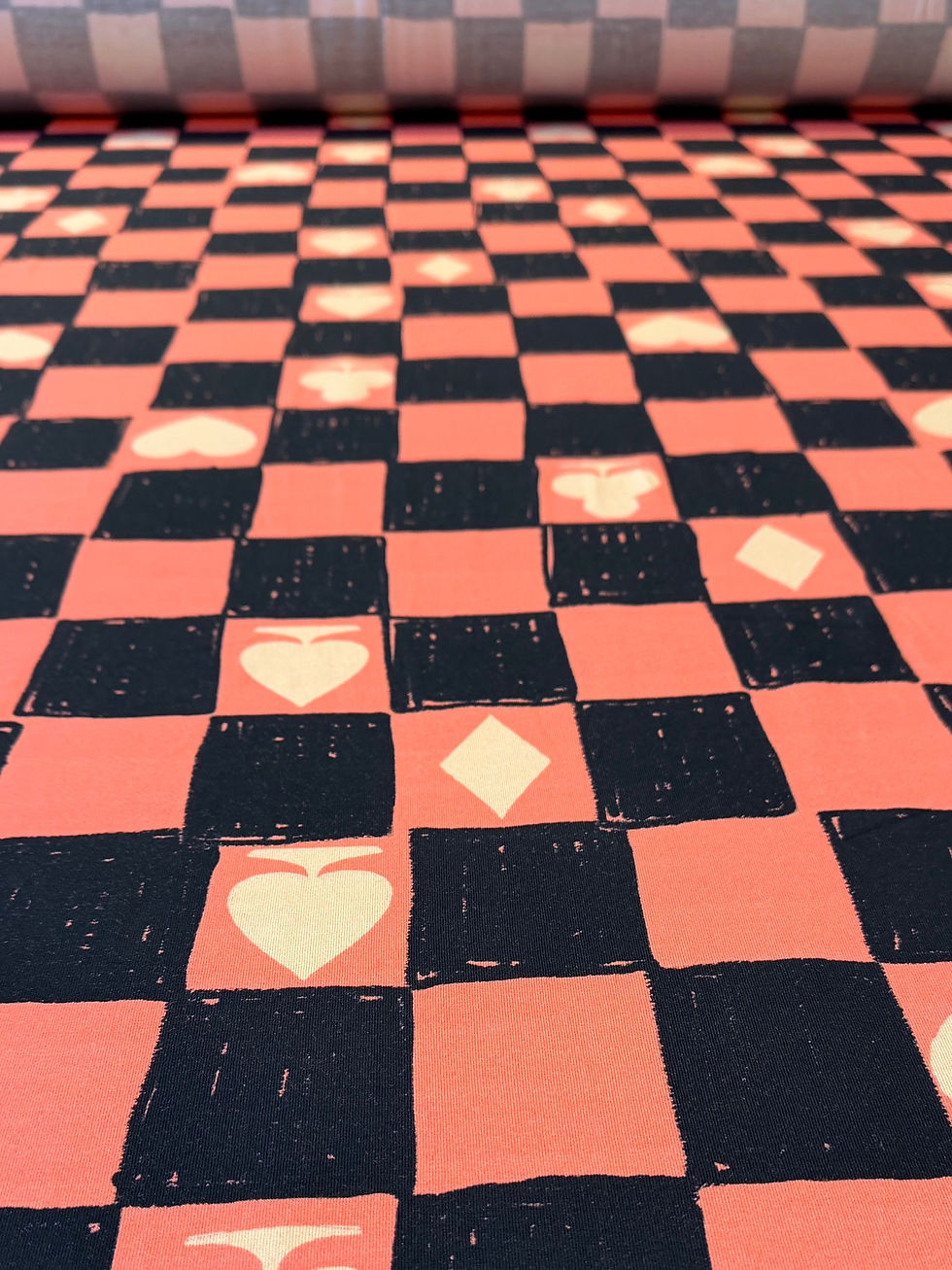 Miniaturbild: SALE 40! Meterware Jersey extra breit "CHECKMATE" rosa schwarz