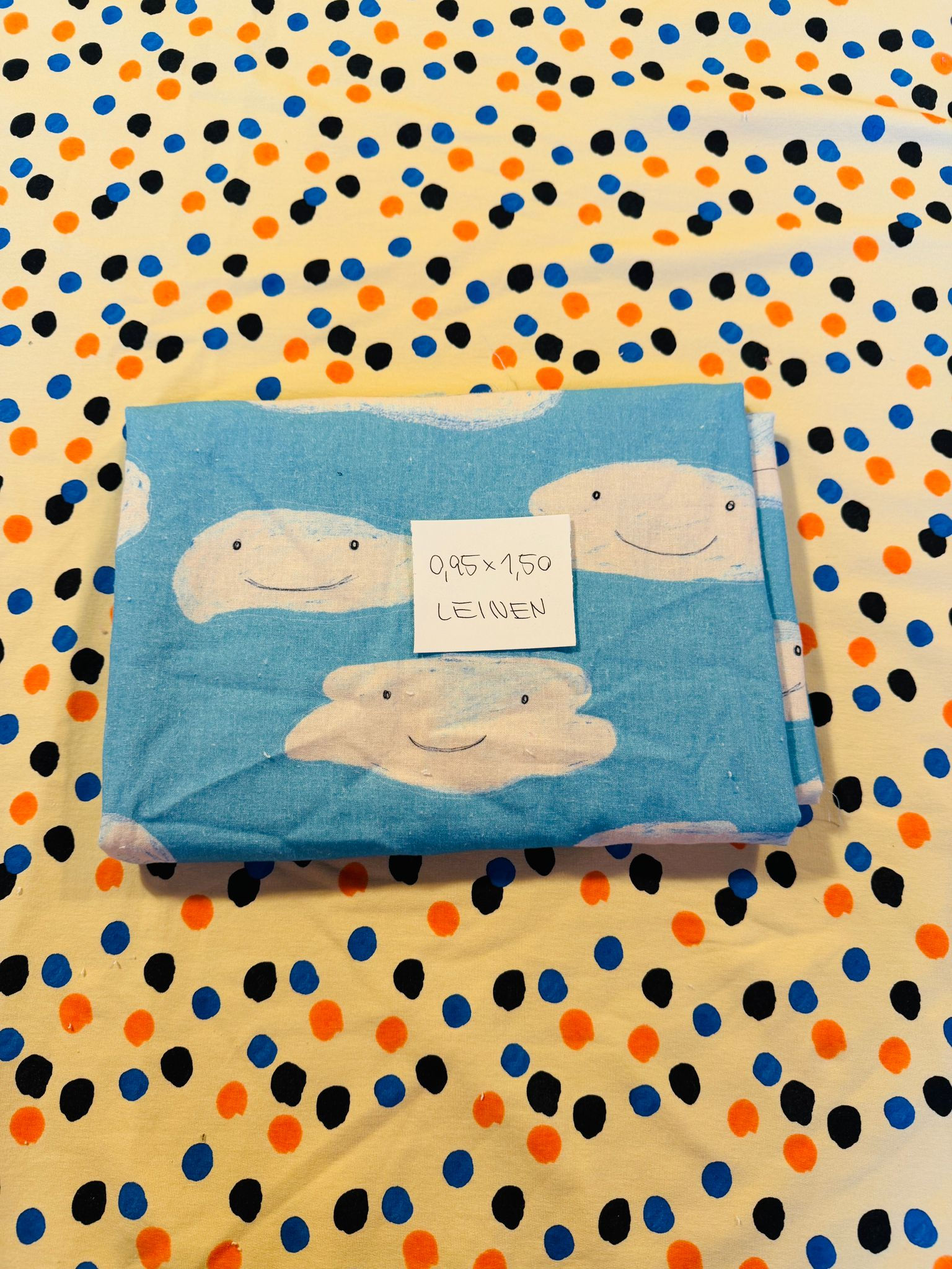 Stoffrest 0.95m x 1.50m Leinen HAPPY CLOUDS hellblau