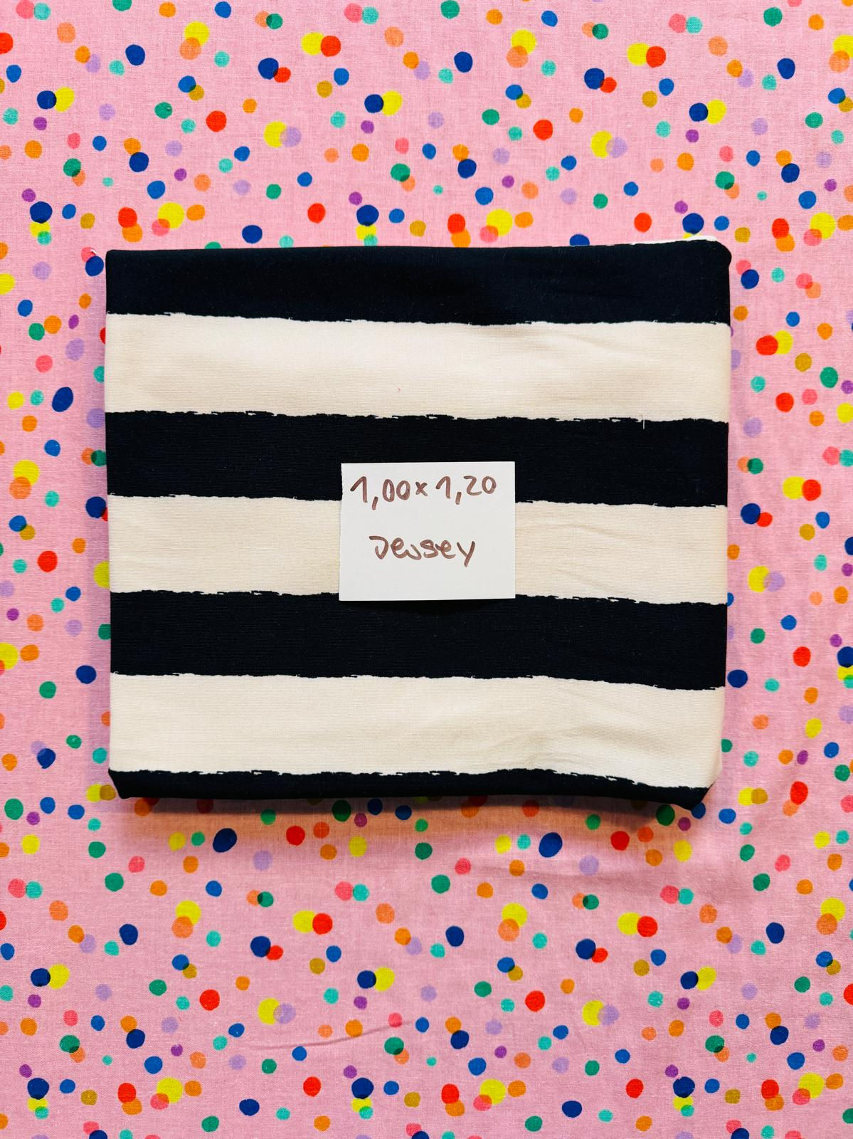 Stoffrest 1m x 1.20m Baumwolljersey DISCO STRIPES schwarz creme