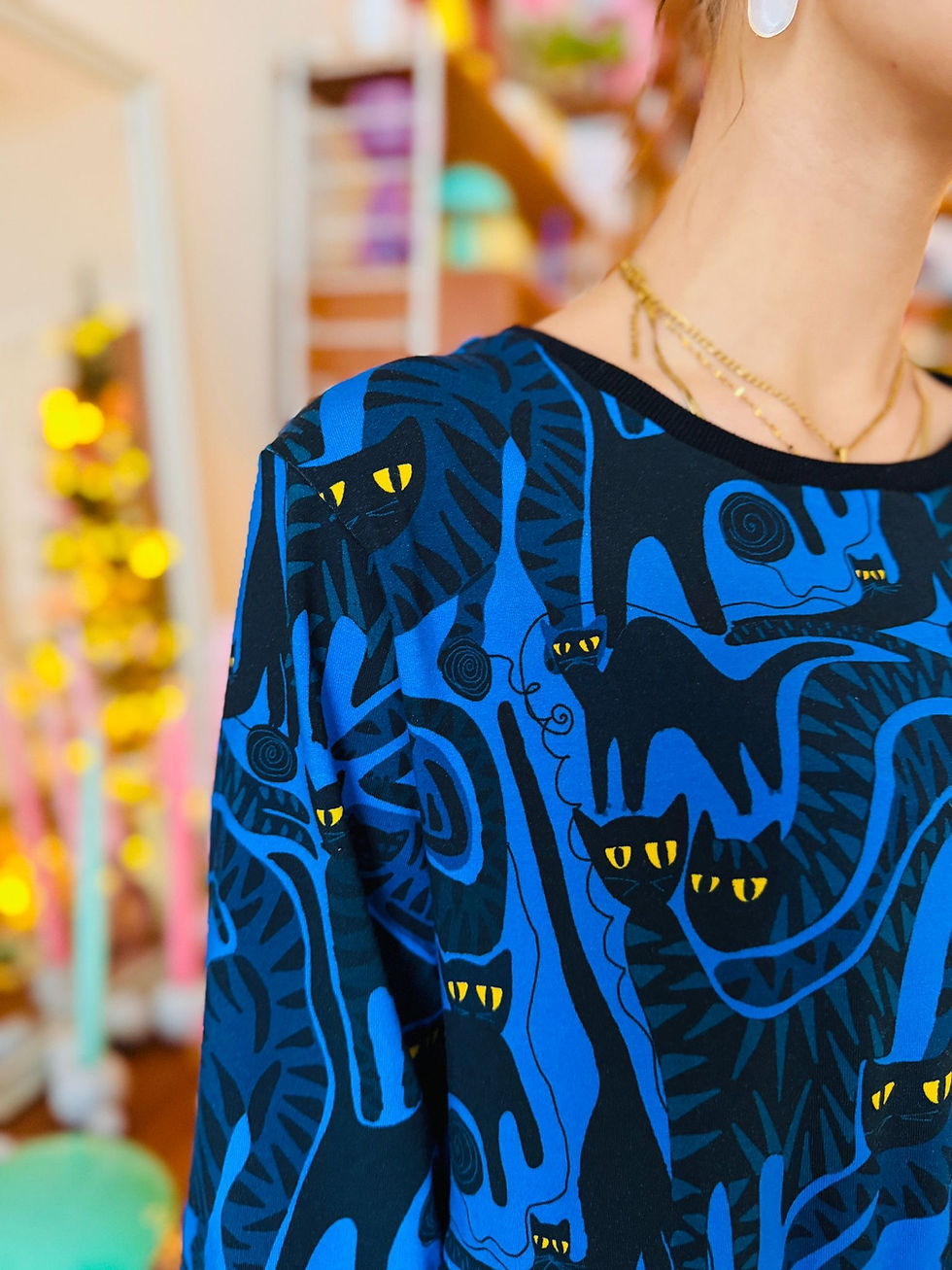 Miniaturbild: Lässiges Kleid Yoko aus Sweatshirt "CATS BY NIGHT" blau