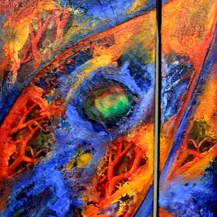 Inspiration zur Gestaltung eines 3D Babybauch Gipsabdruck bei bellyArt.ch. Collage Diptychon "Verborgene Welten unter Wasser 11 " in Öl und Acryl von Lucienne Gürtner