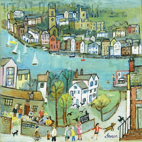 Painting of Bodinnick looking across the river to Fowey in a naïve style by Serena