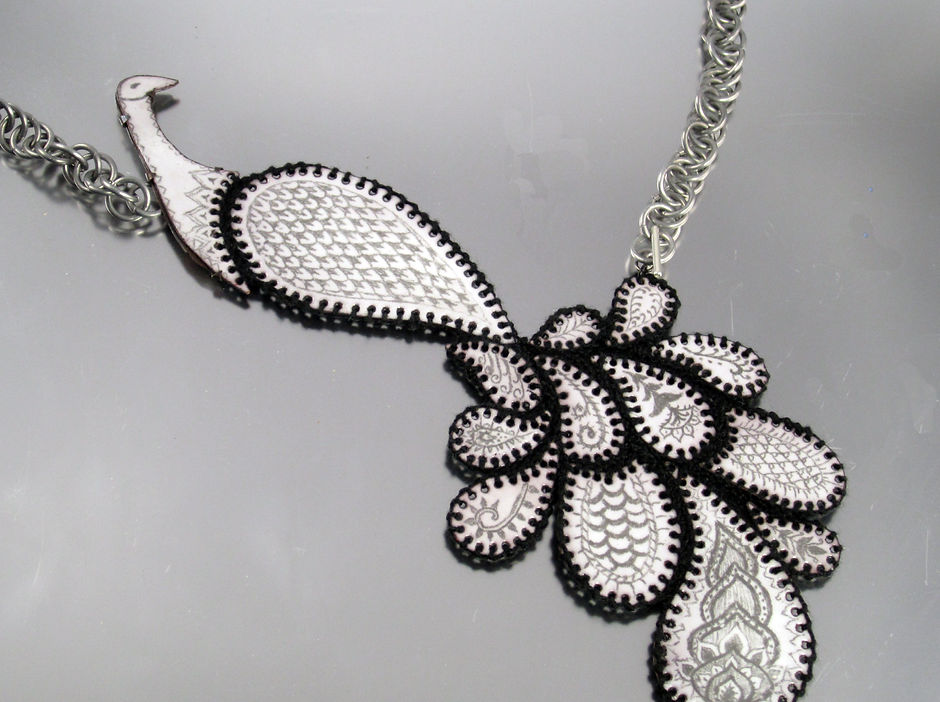 Great Britton Designs Tara Wilkins Jewelry Peacock pailsey enamel needle lace