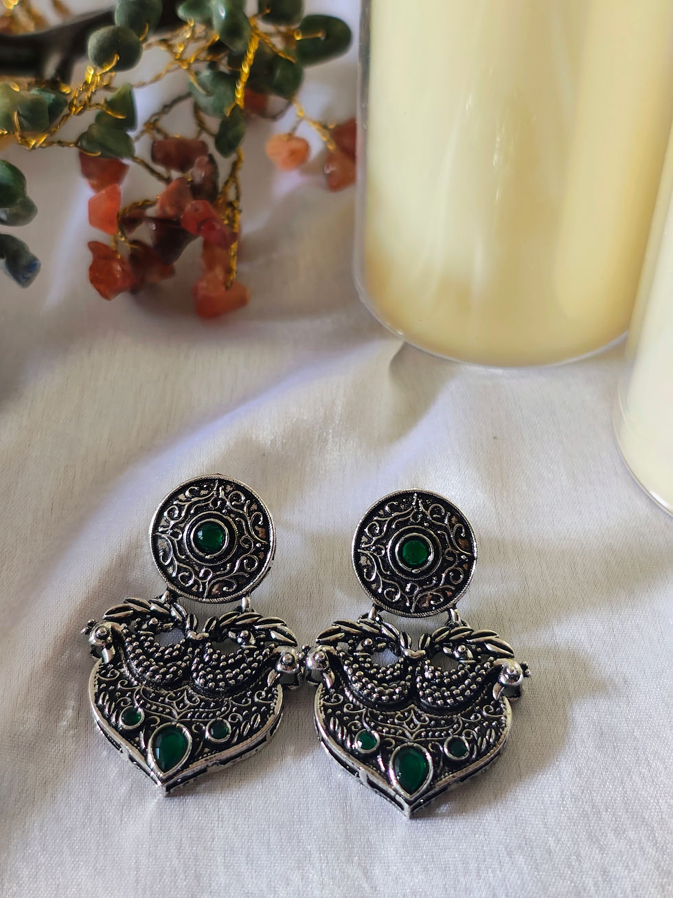 Thumbnail: Ruby Peacock Oxidised Statement Earrings