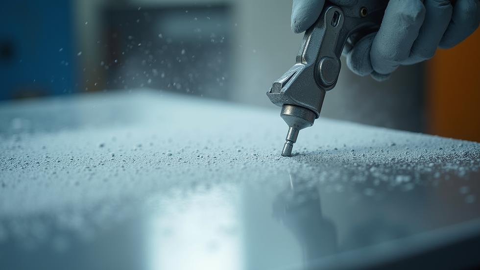 Close-up view of powder coating spray gun applying powder to metal surface