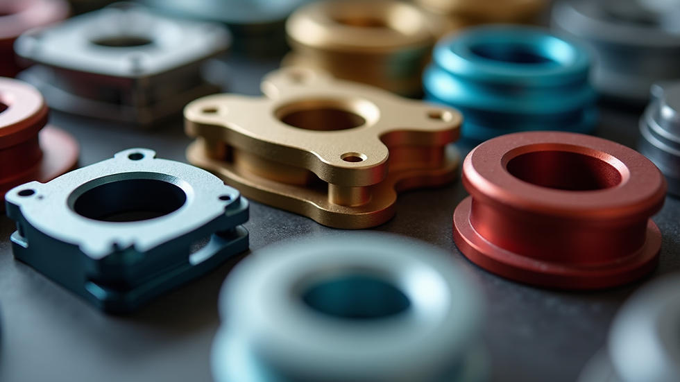Eye-level view of metal parts with various powder coating finishes and colors