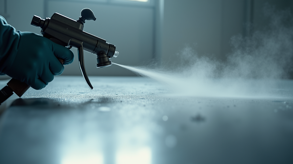 Close-up view of powder coating spray gun applying coating on metal surface