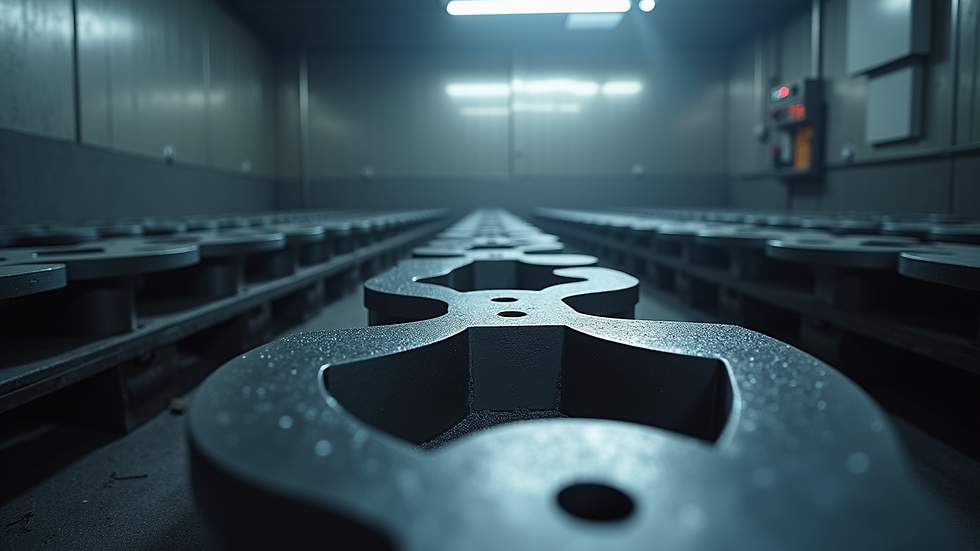 Eye-level view of steel parts inside a curing oven for powder coating