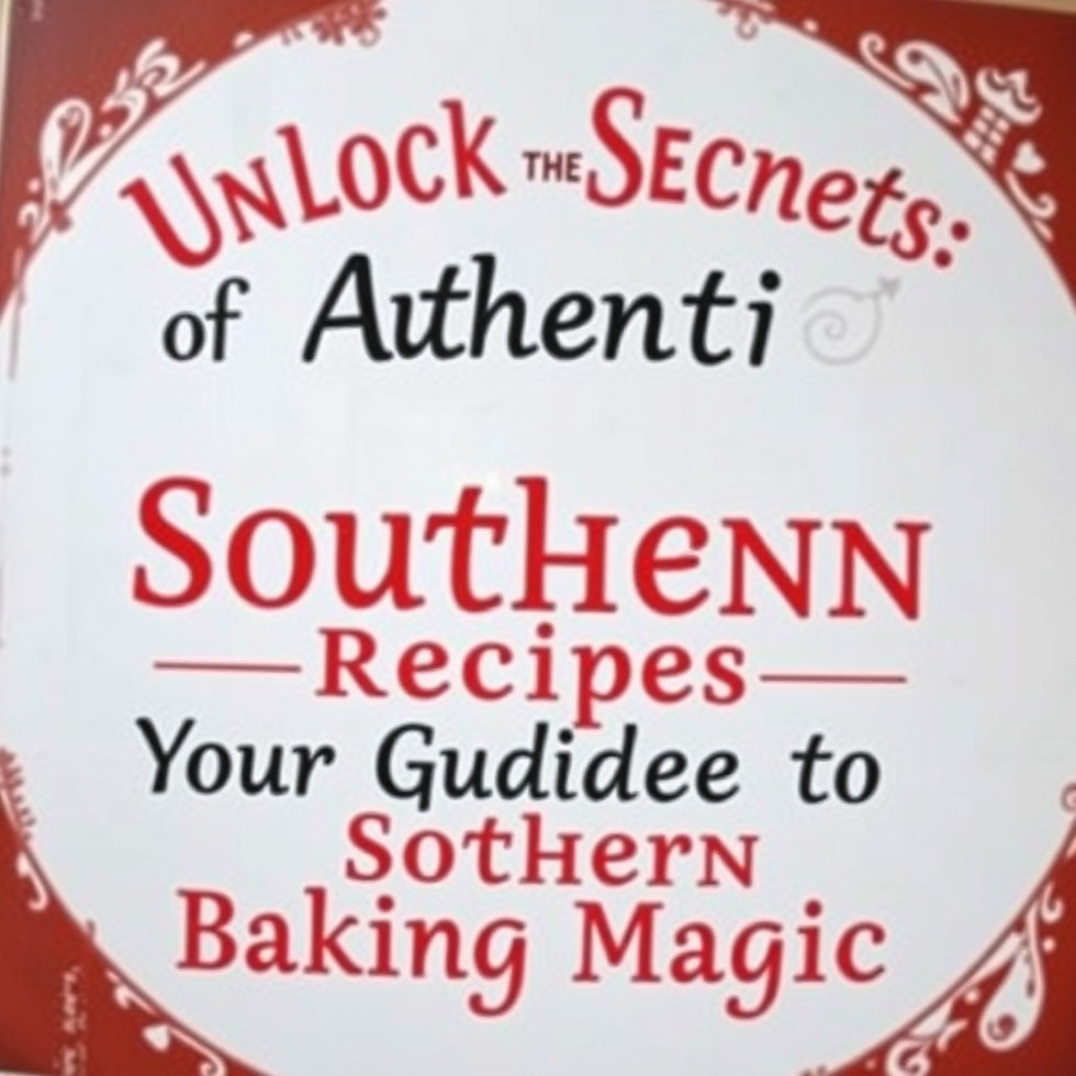 Text on a decorative background reads: "Unlock the Secrets of Authentic Southern Recipes—Your Guide to Southern Baking Magic." Red and black font.