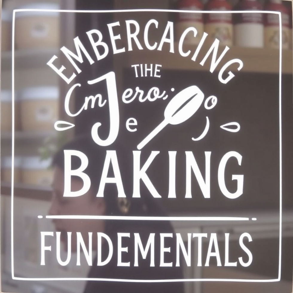 Text overlay reads "Embracing the Core of Baking Fundamentals." Background shows shelves with jars and a blurred person. Neutral tones.