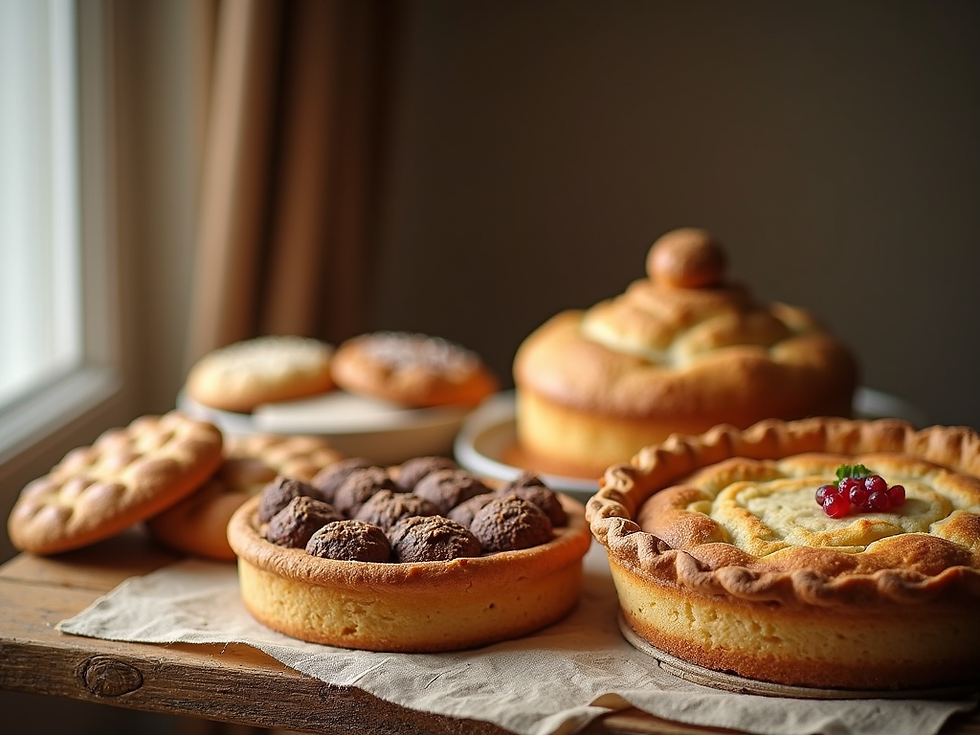Assorted baked goods on a wooden table by a window, including pies and bread. A pie with red berries adds a vibrant touch. Warm, cozy setting.