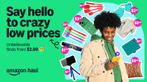 Person smiling at phone, surrounded by various discounted items on green background. Text: "Say hello to crazy low prices" and "Unbelievable finds from $2.99."