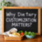 Chalkboard with "Why Dietary Customization Matters?" text. Basket of bread, fries, and veggies in front. Green plant on brick wall.