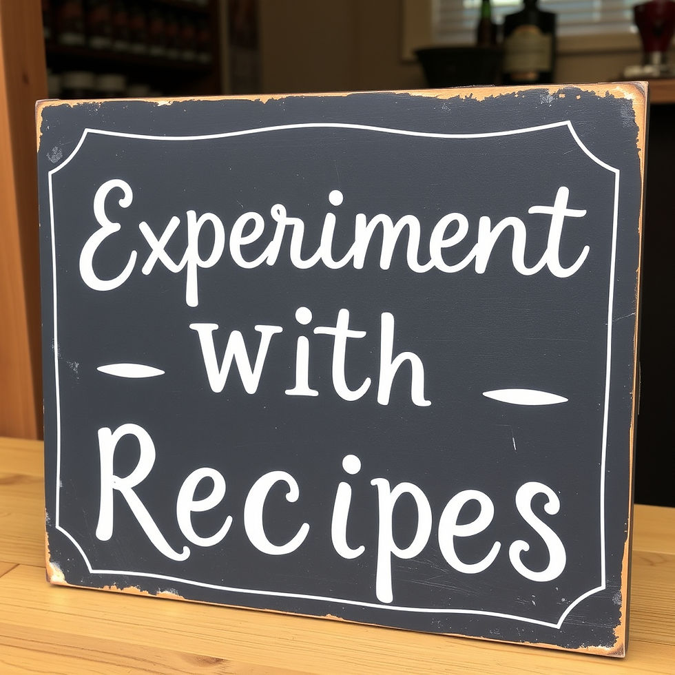A wooden sign with white text on a navy background reads "Experiment with Recipes." It's set on a wooden surface in a cozy room.