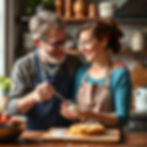 Older man and younger woman in aprons laughing while icing a cake in a cozy kitchen with wooden shelves and a bowl of apples nearby.