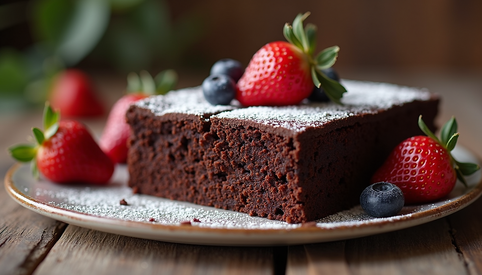 Chocolate cake slice dusted with powdered sugar, garnished with strawberries and blueberries on a rustic wooden table.
