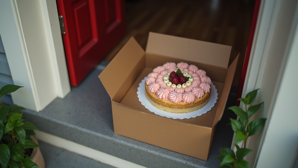 High angle view of a delivery box with a cake inside on a doorstep
