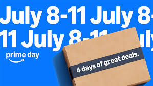 Cardboard box with "4 days of great deals." Blue background with "July 8-11" and "prime day" text, creating a promotional feel.