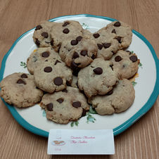 Chocolate Chip Cookies on a White Saucer with Teal Trim.