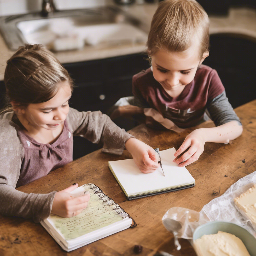 Two children sit at a wooden table, smiling as they write in notebooks. A kitchen sink is visible in the background, creating a cozy setting.