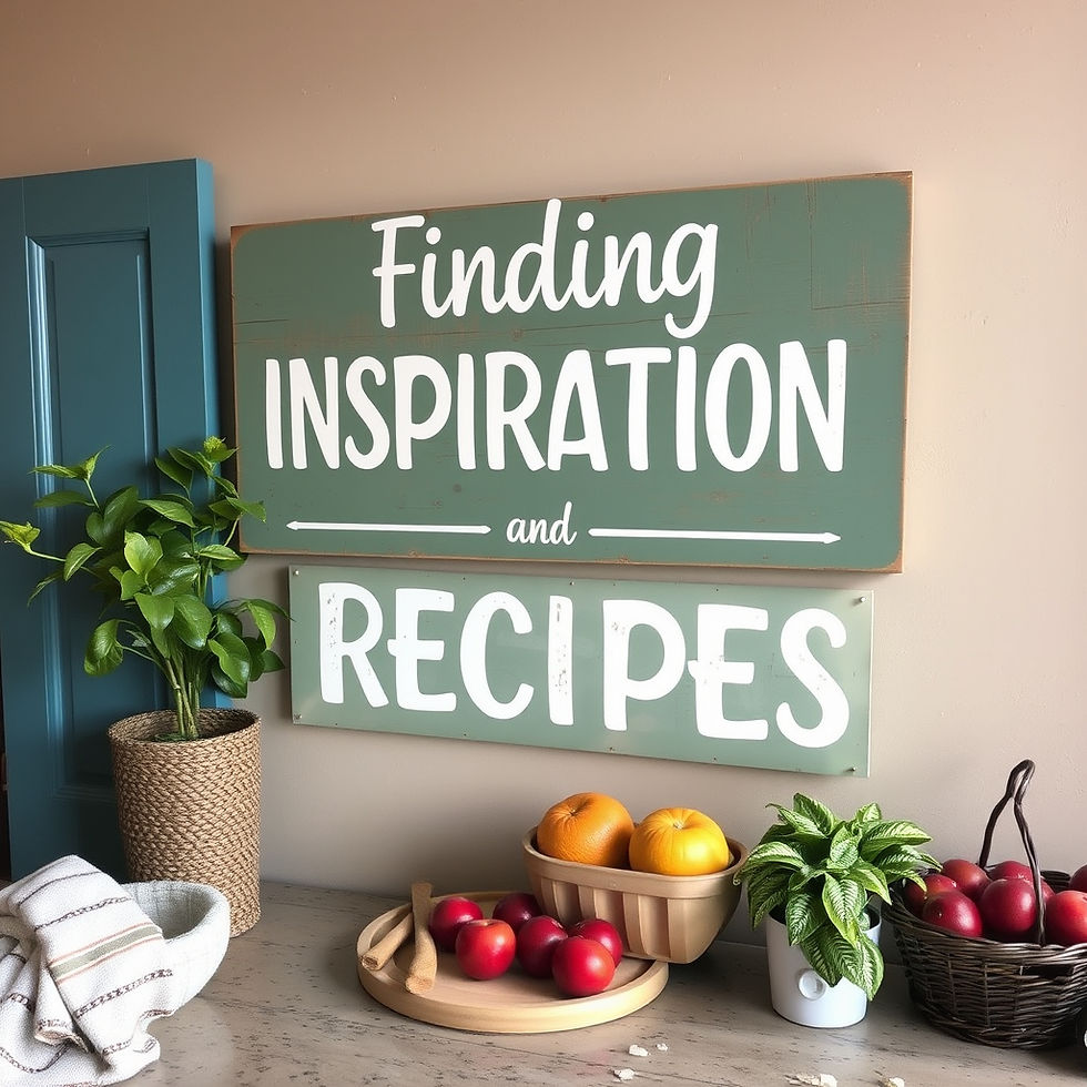 Green signs say "Finding Inspiration and Recipes." A table holds fruit, plants, and a striped cloth. Earthy tones set a cozy kitchen mood.