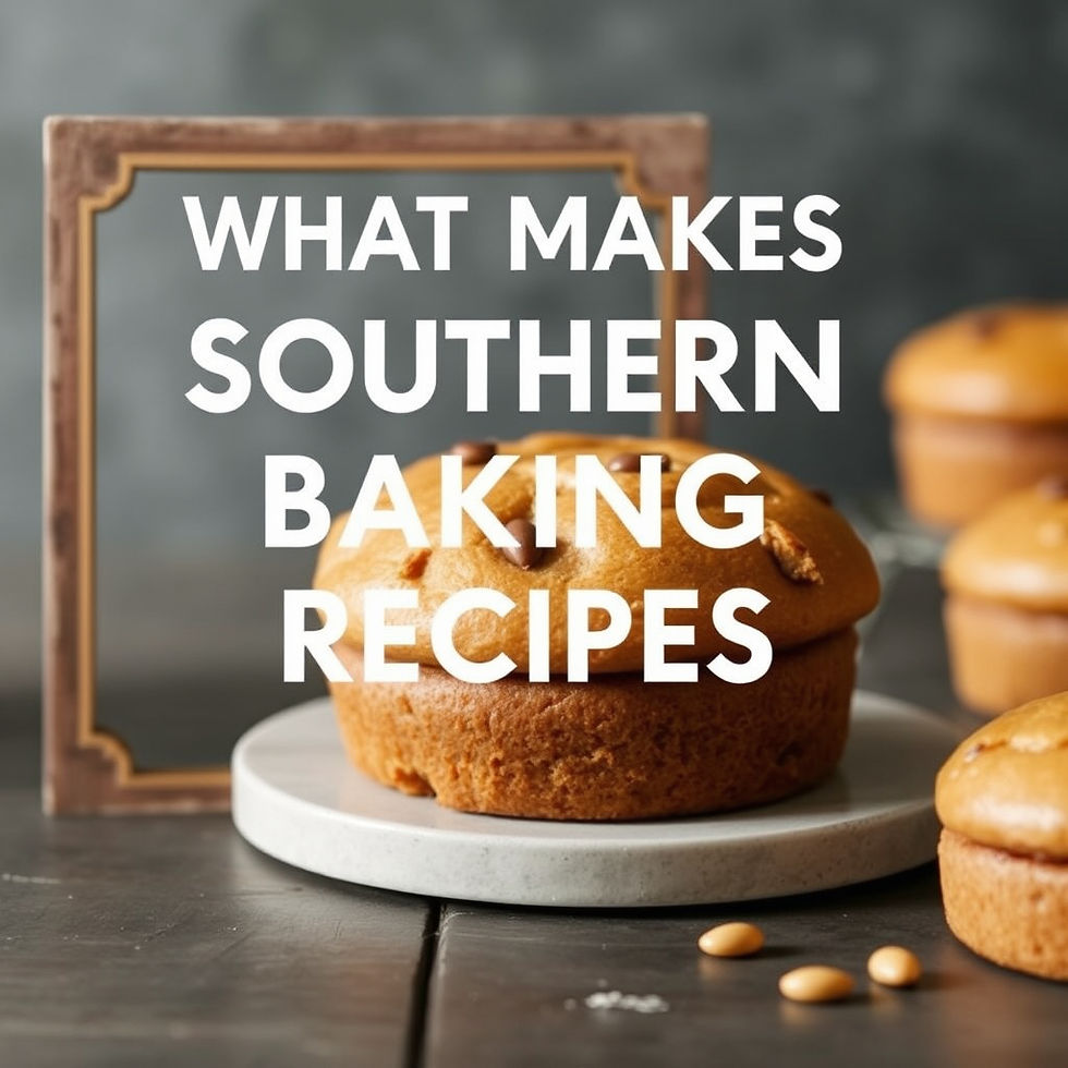 Golden muffins on a marble stand with text "WHAT MAKES SOUTHERN BAKING RECIPES." Rustic background, warm and inviting mood.