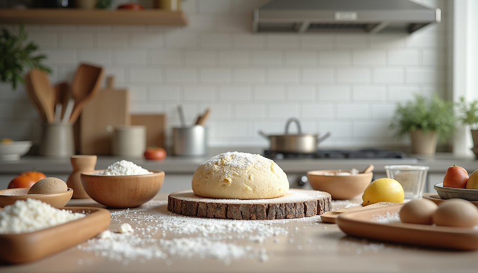 Fresh dough on a wooden board in a bright kitchen. Ingredients like flour, eggs, and lemons scattered. White subway tiles and plants in background.