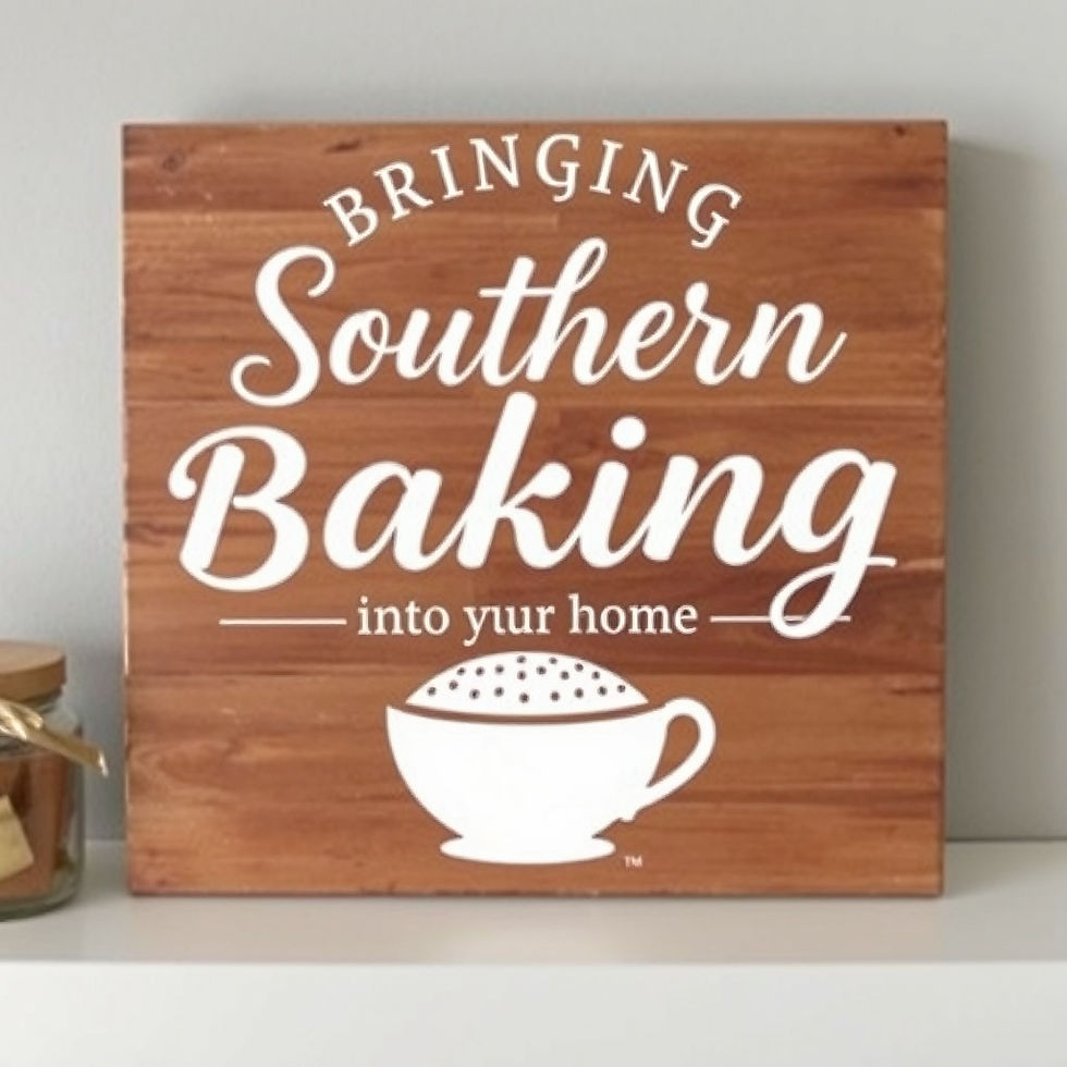 Wooden sign with text "Bringing Southern Baking into your home" features a white baking cup icon. Rustic feel, set on a shelf.