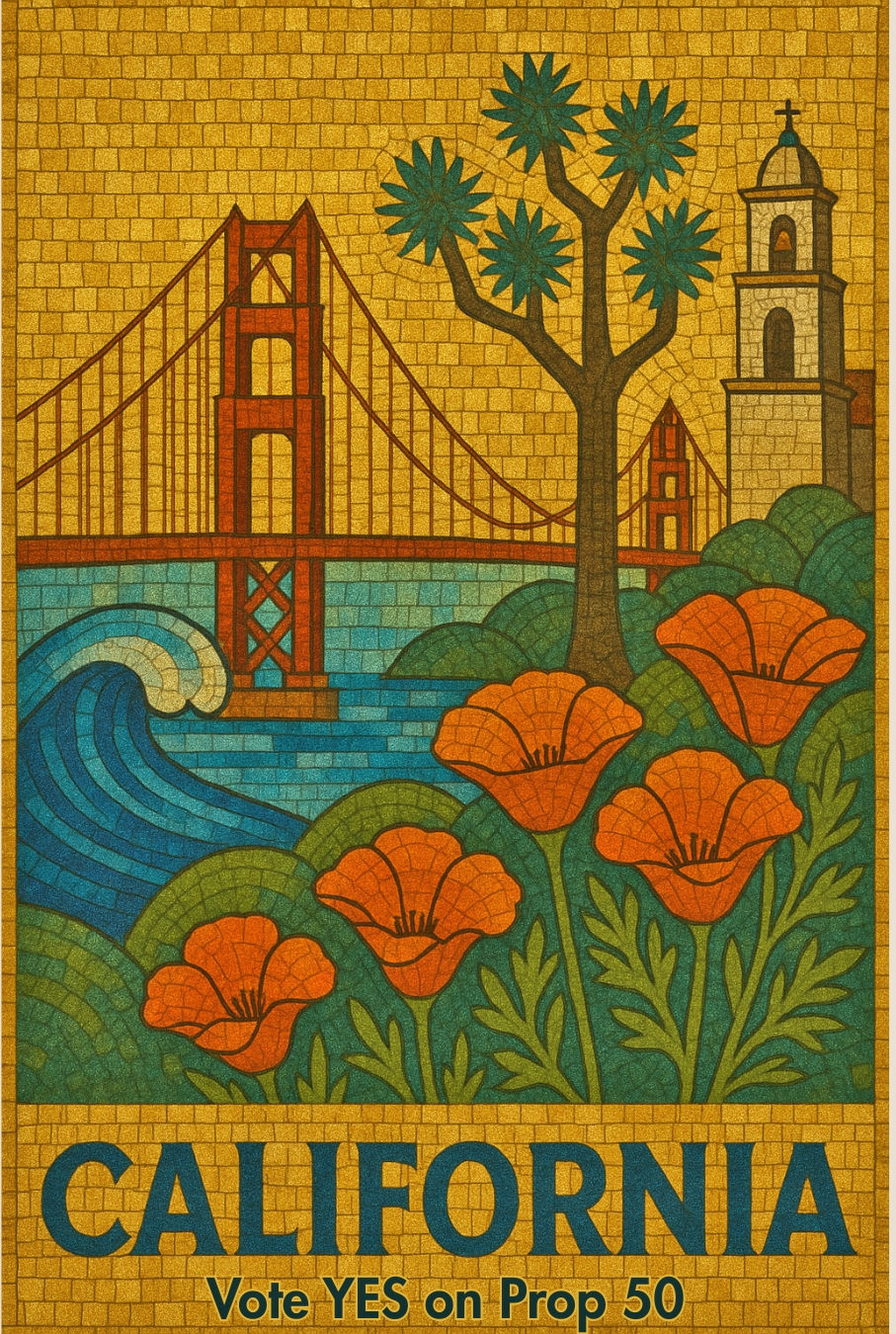 Scenes from California on tile background: Golden Gate Bridge, Joshua Tree, Mission, Pacific Ocean, Poppy flowers, with text California Vote Yes on Prop 50